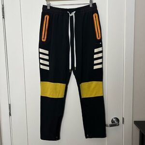 Makobi Mens Track Pants Joggers XL Black Yellow Zipper Drawstring Straight Leg